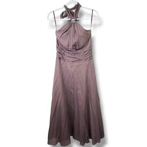 WHBM White House Black Market Y2K Brown Silk Cotton Ruched Halter Flowy Dress